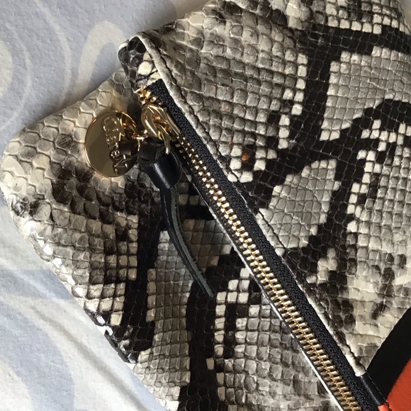 Clare V. Los Angeles Leather Foldover Python, Black & Poppy Clutch - Picture 8 of 12